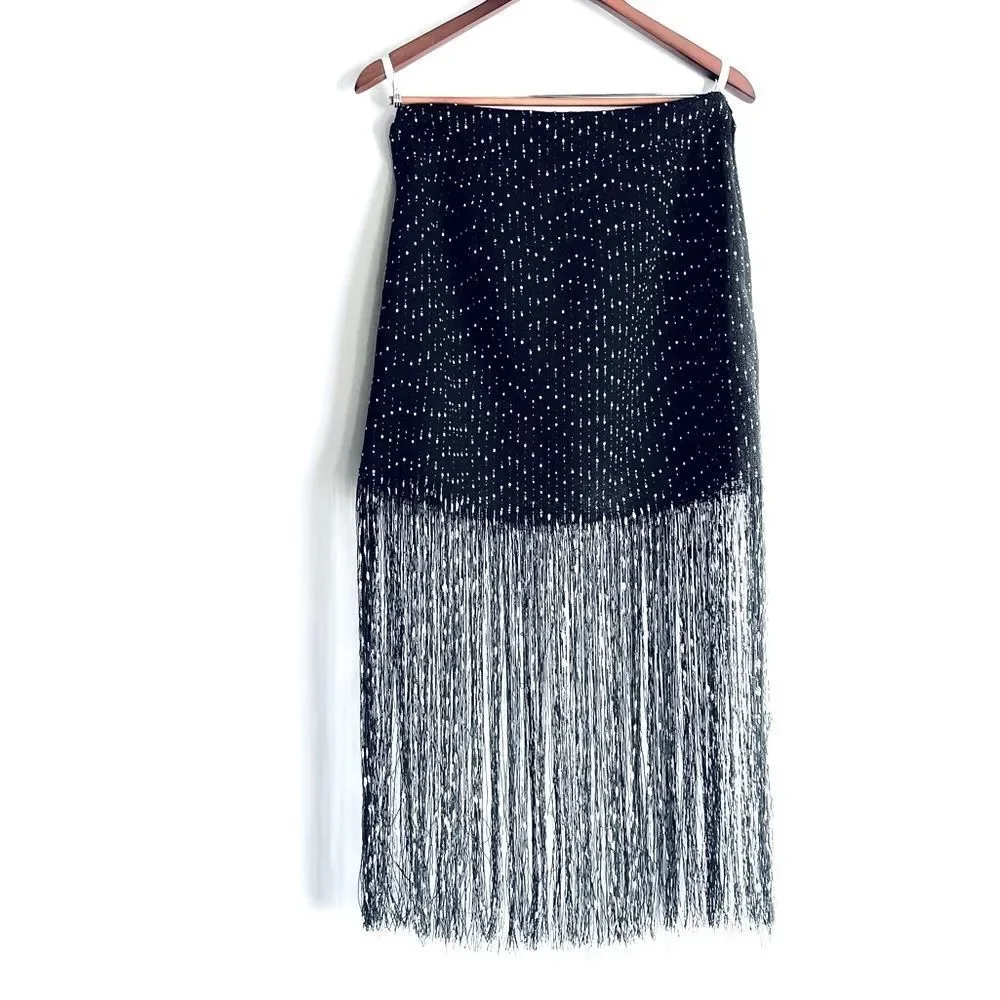 Lily Long Playful Fringe Midi Skirt Black with White Embroidered Dots Size US 6